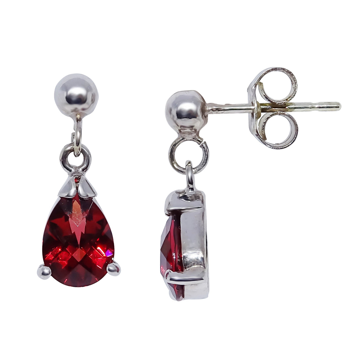 9ct white gold checkerboard cut 7x5 mm pear shape garnet drop earrings