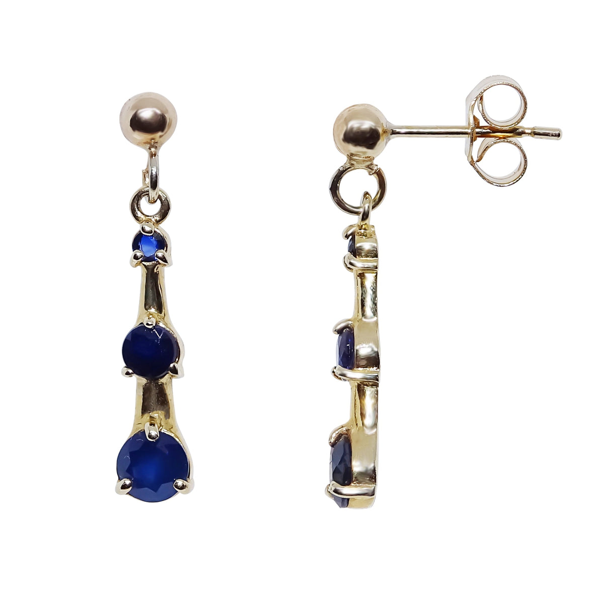 9ct gold triple round sapphire (2,3 &amp; 4mm) drop earrings