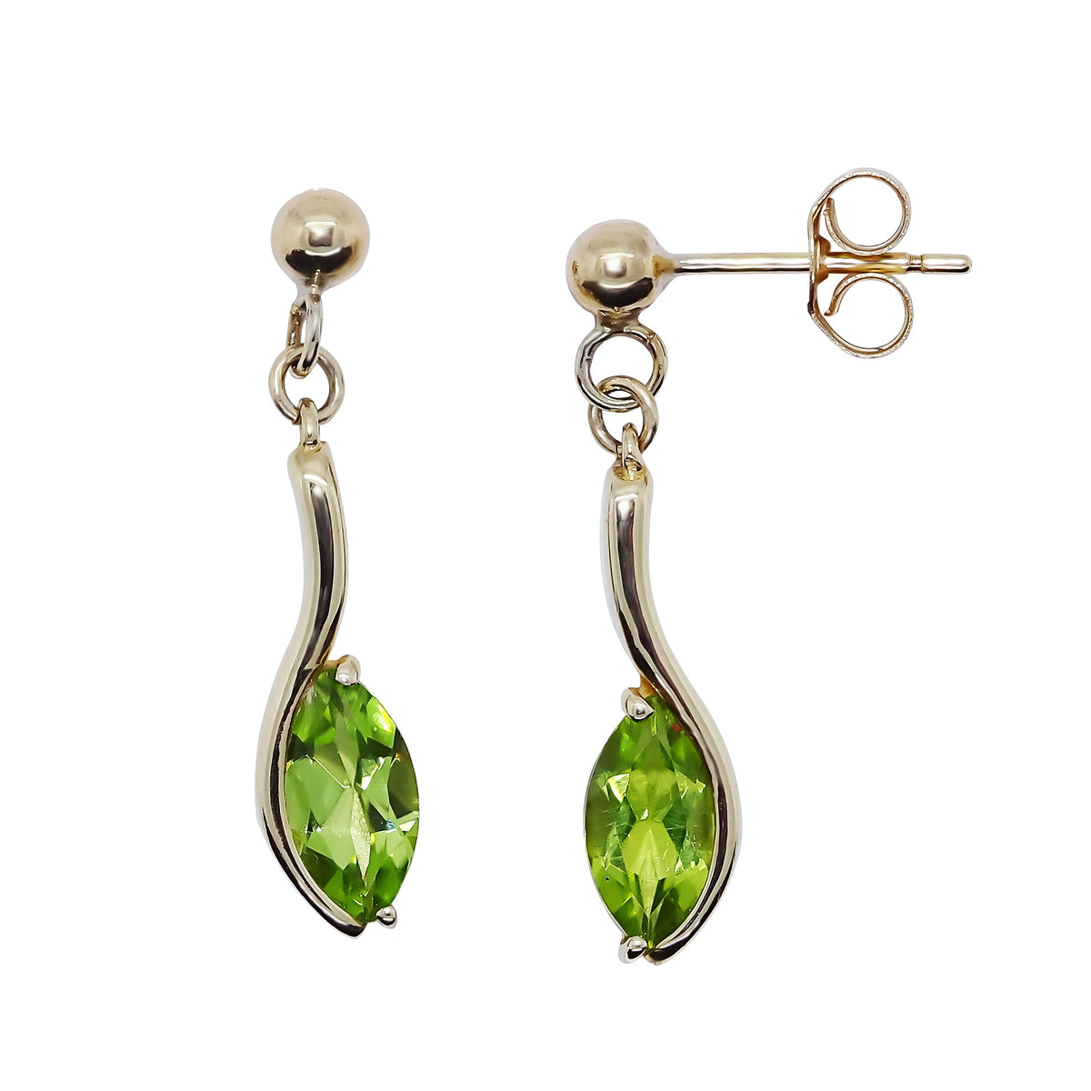 9ct gold 8x4mm marquise shape peridot drop earrings