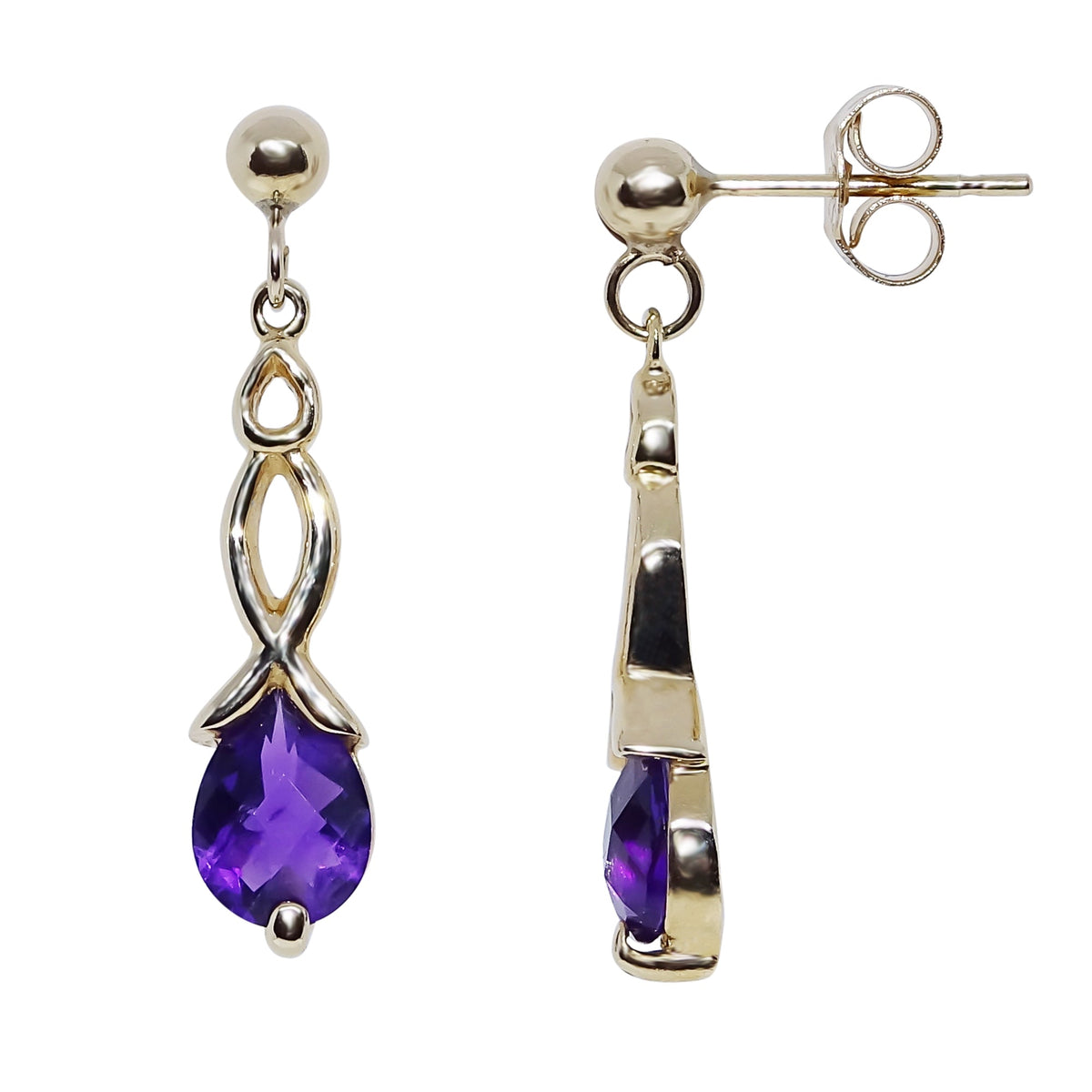 9ct gold checkerboard cut 7x5mm pear shape amethyst drop earrings