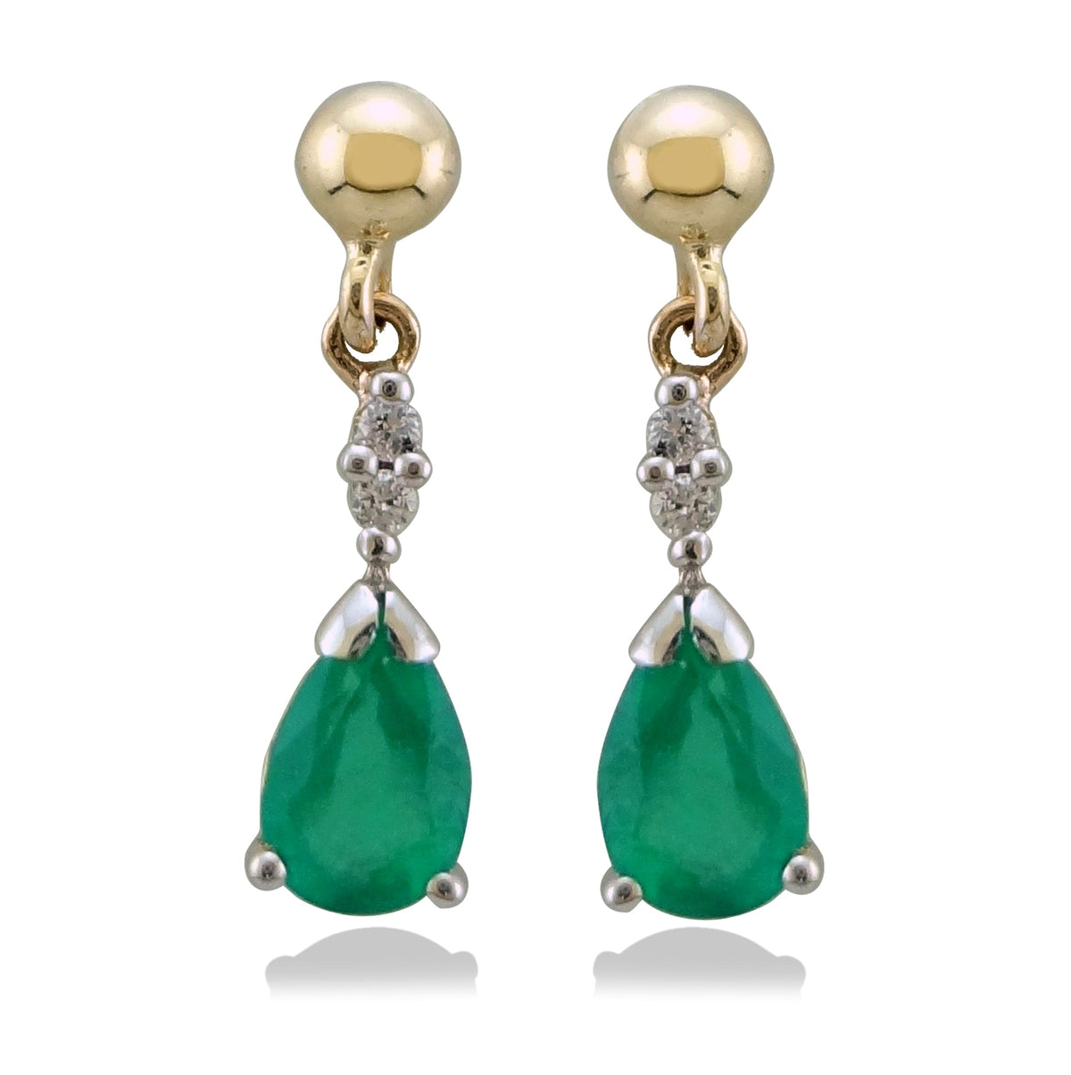 9ct gold 6x4mm pear shape emerald &amp; diamond drop earrings 0.04ct