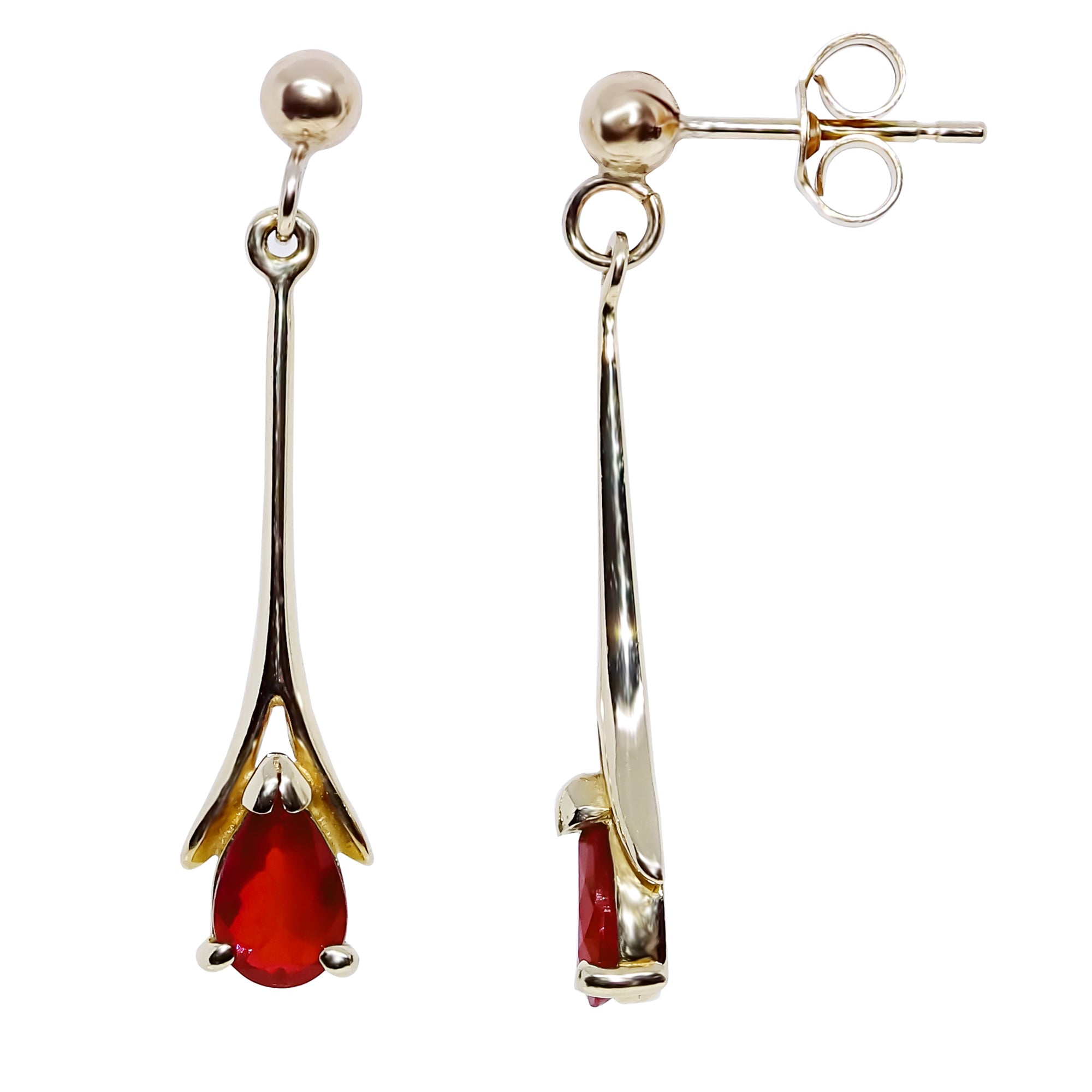 9ct gold 6x4mm pear shape ruby long drop earrings