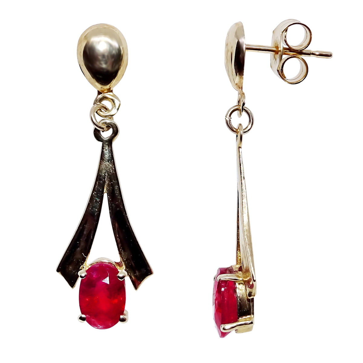 9ct gold 6x4mm oval ruby fan shape drop earrings