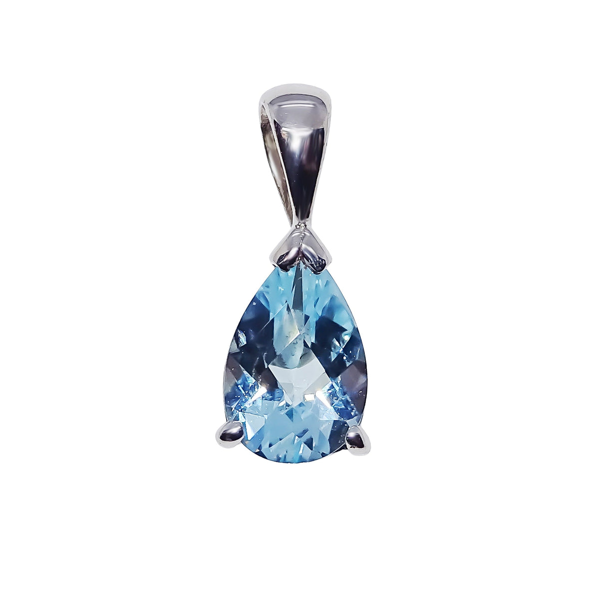 9ct white gold checkerboard cut 8x6mm pear shape blue topaz pendant