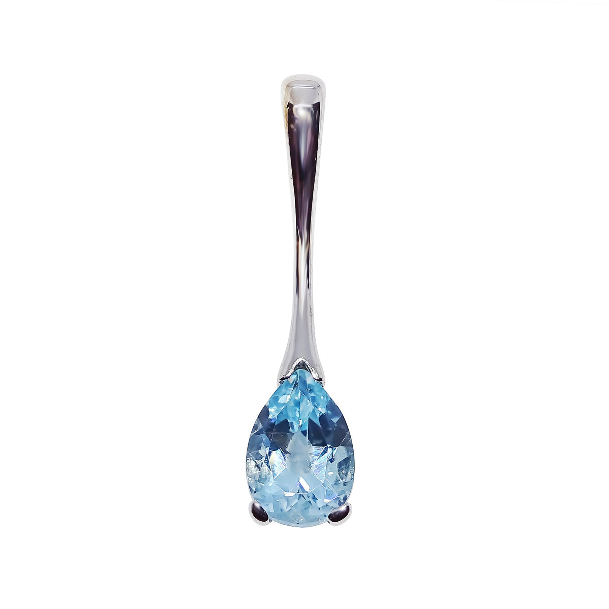 9ct white gold checkerboard cut 9x6mm pear shape blue topaz long drop pendant