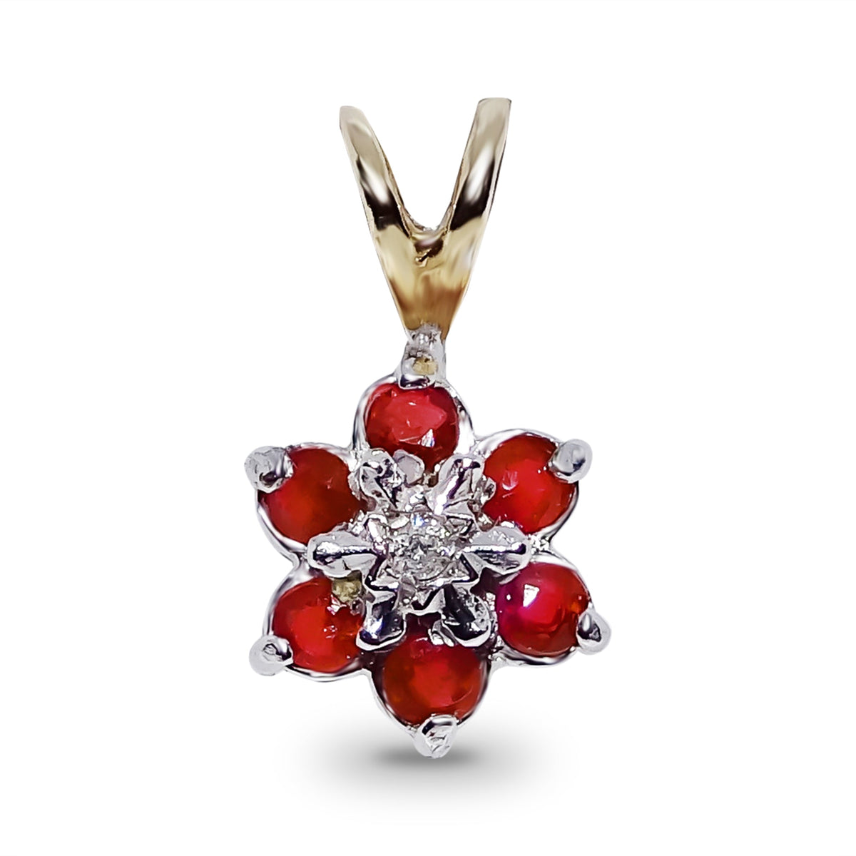 9ct gold 2.20mm round ruby &amp; diamond flower cluster pendant