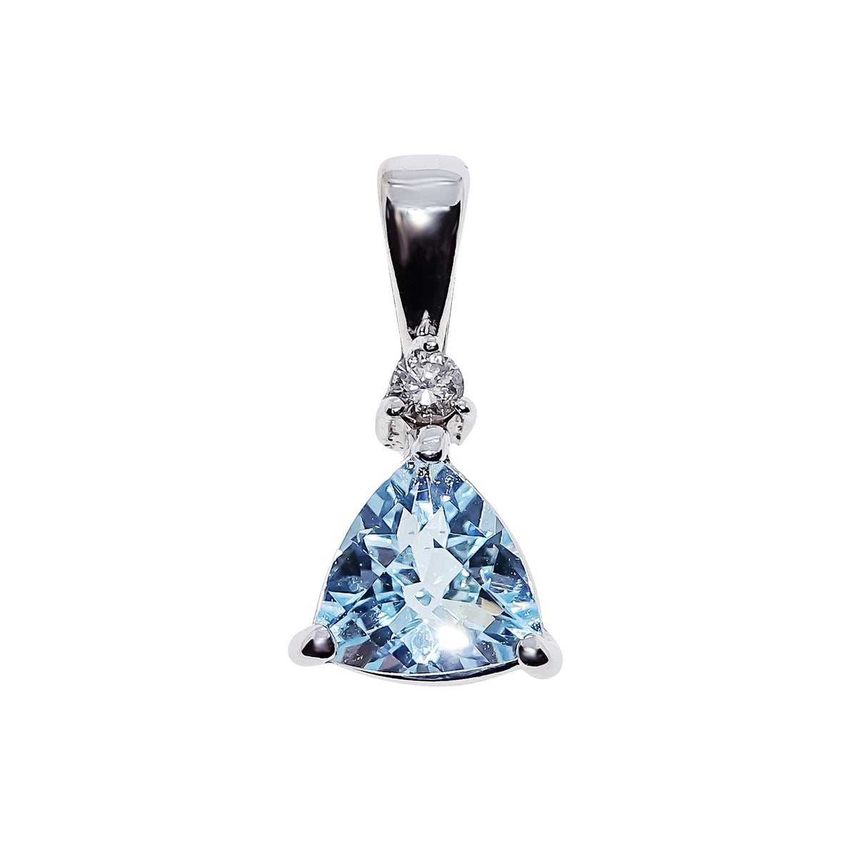 9ct white gold chequerboard cut 6mm trillion shape blue topaz &amp; diamond pendant 0.03ct