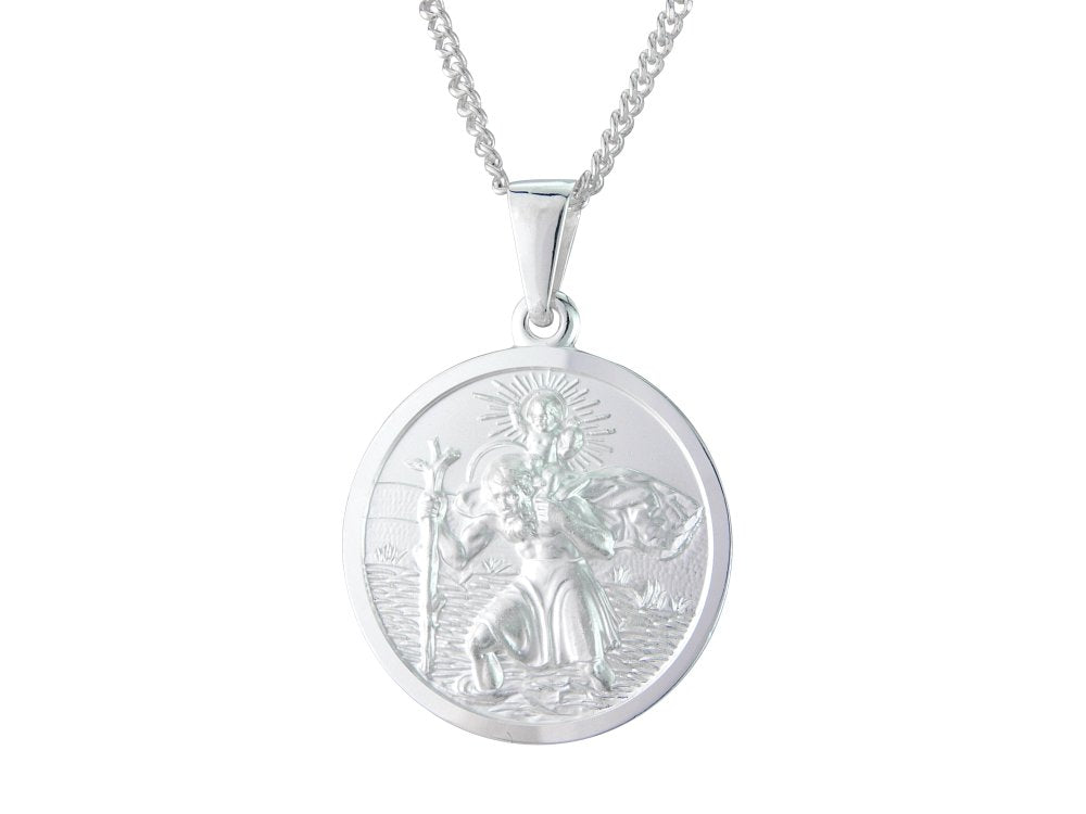 Silver 24mm round St. Christopher &amp; 20&quot; chain